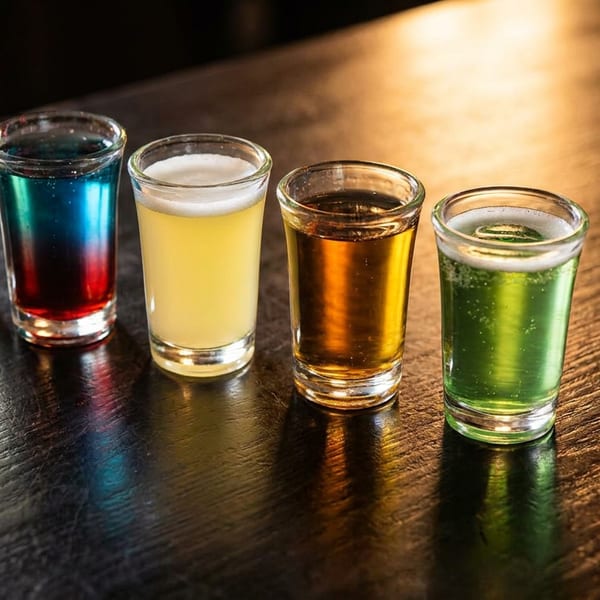 Six vibrant shot glasses, including one with a salted rim and lime, on a dark wooden surface.