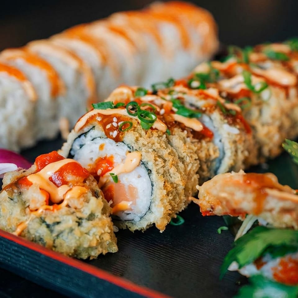 Two types of sushi rolls, one tempura-fried with sauces and green onions, on a black tray with an orchid.