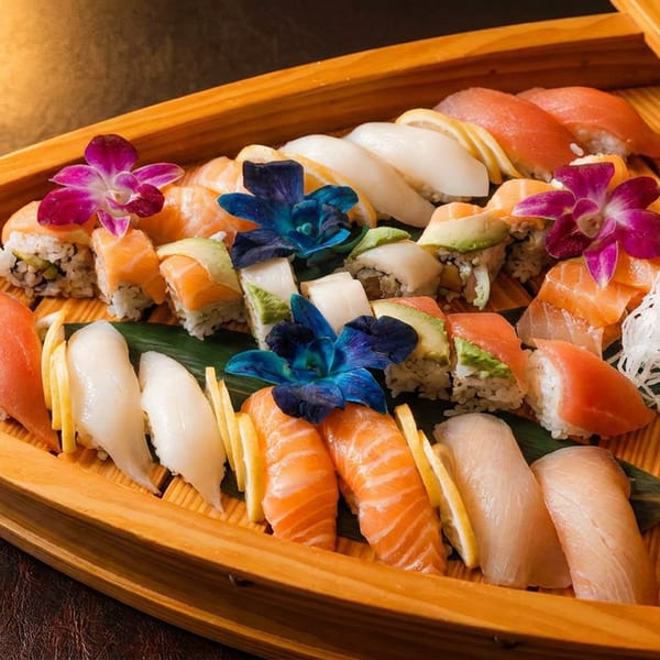 Assortment of sushi and sashimi beautifully arranged in a wooden boat, garnished with colorful flowers.